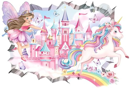 Unicorn Castle Wall Stickers 3D Decals,Unicorn Castle Wallpaper 3D Smash Wall Removable Walls Art Decal Walldecals Room Accessories 3D Effect Walls Stickers for Offices Living Room Bedroom