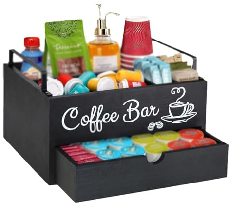 Coffee Bar Organizer Holz – Kaffee Zubehör Aufbewahrungsbox mit Schublade für Kapseln Becher Milchportionen Zucker & Teebags – Schwarze Kaffee Station Aufsteller für Küche Büro & Lounge