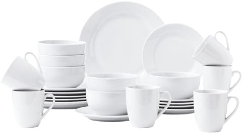 simpa Timeless 24PC Plain White Porcelain Dinner Set: 6 Dinner Plates, 6 Side Plates, 6 Bowls & 6 Mugs. Dishwasher & Microwave Safe.
