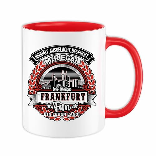 Ein Leben lang Frankfurt Tasse | Kaffeetasse FFM Mainhattan Hessen Kaffeebecher – Frankfurt Becher Geschenk Fanartikel | Weiß-Rot