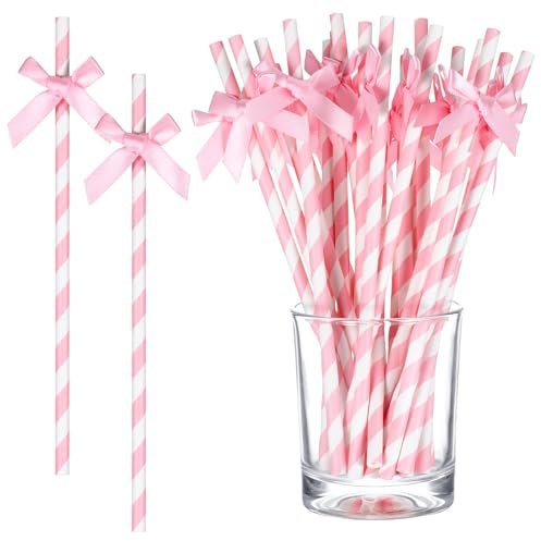 30pcs 7.7inch Pink Paper Straws, Disposable Cute Paper Straw, Pink Bow Straw, Wedding, Picnic, Birthday, Party Supplies for Juice Coffee Tea Cocktail Milkshake