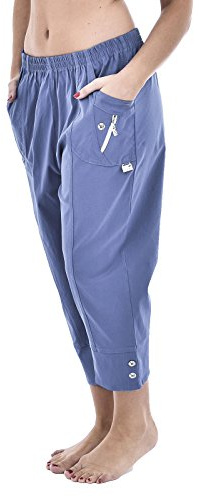 New 3 Quarter Womens Ladies Elasticated Waist 3 / 4 Capri Cropped Shorts Plain Trouser Pockets Stretch Pants (12, Denim-Blue.)