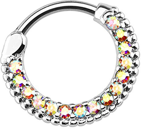 Piersando Piercing Scharnier Clicker Ring Schild Tribal mit Kristall Strass Steinen Vintage Septum für Tragus Helix Ohr Nase Lippe Brust Intim Silber Rainbow 1,2mm