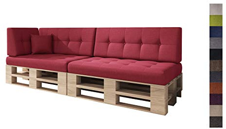 sunnypillow Palettenkissen für Palettenmöbel - 6er Set - Palettenauflage für Palettensofa - Palettenpolster für Garten, Gesteppte Kissen mit Knöpfen für Europaletten - Rückenkissen & Sitzkissen Red