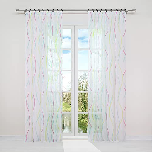 HongYa 1 Stück Voile Gardine Transparenter Vorhang mit Kräuselband Wellen Druck H/B 145/140 cm Bunt Blau