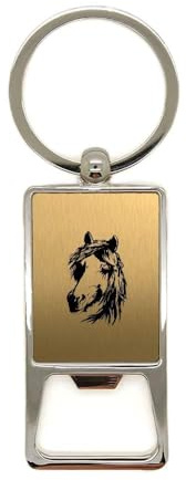 Mygoodprice Schlüsselanhänger aus Metall, gebürstetes Gold, Pferdekopf, 2 Flaschenöffner, Lasergravur