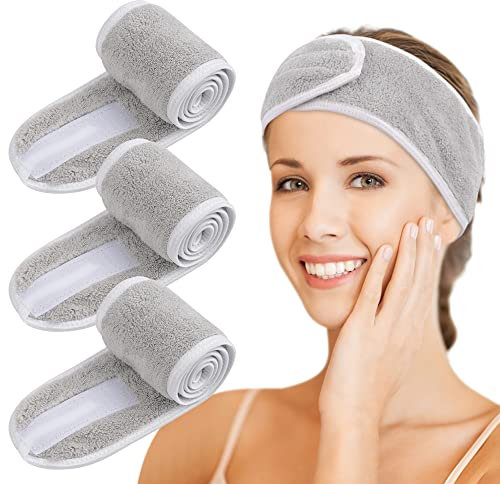 KinHwa Kosmetik Stirnband Frottee,Kosmetik Mikrofaser Haarband, Haarschutzband mit Klettverschluss für kosmetische Behandlungen, Haarschutz bei Schminken, Sport, Yoga, waschbar (3 pack, light gray)