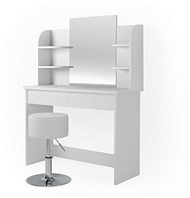 Vicco Schminktisch Charlotte, Kosmetiktisch mit Spiegel, Weiß, 108 cm mit Stuhl