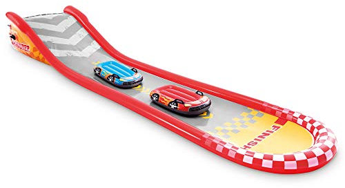 Intex 57167EP Aufblasbare Rennspaß-Wasserrutschbahn mit 2 Surf-Auto-Fahrern und eingebautem Sprühgerät, für Kinder ab 6 Jahren