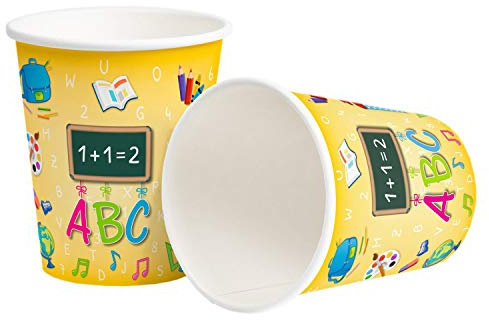 Heku 211-61 - Pappbecher Schulanfang, 250 ml, 10er Pack, ABC, Trinkbecher, Einweggeschirr, Einschulung, Party, 1. Schultag, Getränke, mehrfarbige Motive