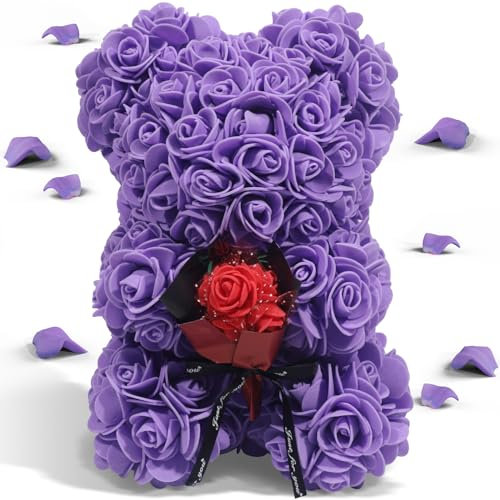 Rose Bär, Rosenbär Geschenk für Frauen, Muttertagsgeschenke, lila Rosen Blumenbär mit Geschenkbox, Rosen Teddybär Geschenk für Sie, Muttertag, Geburtstag, Jubiläum, Weihnachten, Valentinstag