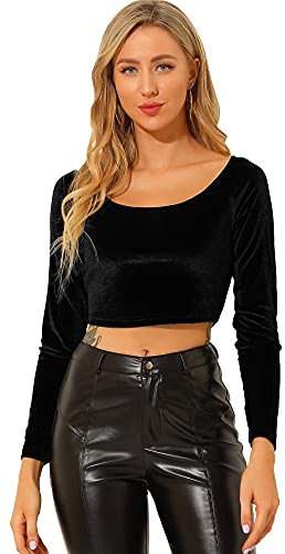 Allegra K Women's Velvet Long Sleeve Crops Off Shoulder Solid Crop Top Slim Fit Saree Blouse Black XL