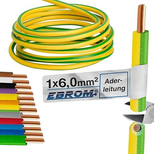 EBROM Earth Cable Rigid Wire Cable H07V-U 6 mm² (1 x 6 mm2) Green/Yellow (gnge) – Available in Many Different Lengths – From 5 Metres to 150 Metres