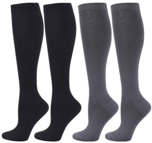 Zingso Calcetines de compresión para mujeres y hombres, 2 Pares 20-25 mmHg Calcetines Medias de Compresión para Correr, volar, viajar, Enfermeras (L/XL, Gris+Negro)