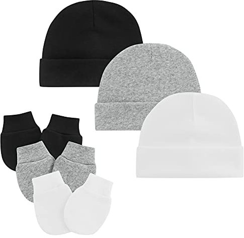 Durio Neugeborenes Babymütze und Handschuhe Set Knoten Beanie Hut Kratzfäustlinge Baby Jungen Mädchen 0-6 Monate 3er Set Weiß Schwarz und Grau