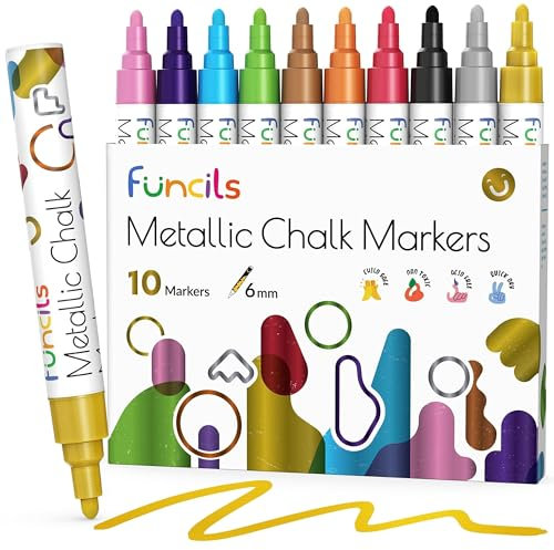 Funcils Kreidestifte für Tafel Abwaschbar - 10 Metallic Stifte mit 6mm Umkehrbare Spitze - Kreide Stift für Fenster, Tafel, Whiteboard und als Glasstift - Chalk Markers für Erwachsene & Kinder