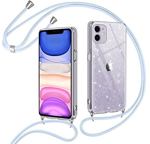 Vauki Paillette Coque pour iPhone 11 avec Cordon,Etui Silicone Transparente Antichoc Housse avec Collier Bandoulière Chaîne,Pailletée Glitter Case Cover de Téléphone pour iPhone 11 6.1,Violet