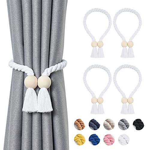 Pretty Jolly Ball magnetische Vorhang-Raffhalter aus Holz, Boho-Dekoration, Raffhalter, natürliche Baumwolle, handgewebt, für Fenstervorhänge für Zuhause und Büro, Weiß, 4 Stück