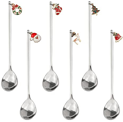 ZoZoMaiy 6 Stück Weihnachtslöffel Set, Weihnachtslöffel-Geschirr-Set aus Edelstahl für Kuchen/Dessert/Kaffeelöffel/Teelöffel/Tischdekoration Home Cafe Holiday Party Supplies(Silber, mit Geschenkbox)