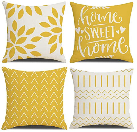 OCEUMACO Leinen Kissenbezug 40x40 Home Sweet Home Kissenhülle 4er Set Quadratisch Sofakissen Dekokissen Bezug für Couch Landhausstil Kissen Kissenbezüge Outdoor Deko Couchkissen Zierkissen - Gelb