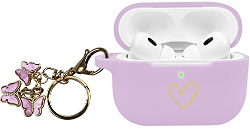 AIIEKZ Kompatibel mit AirPods Pro 2 Hülle Cover 2022, weiche Silikonhülle mit goldenem Herzmuster für AirPods Pro 2./1. Generation Hülle mit süßem Schmetterlings-Schlüsselanhänger (Violett)