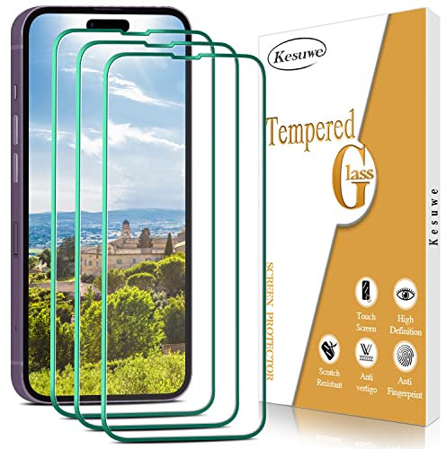 Kesuwe [3 Piezas] Protector Pantalla para iPhone 14 Pro, Cristal Templado Antiarañazos, Antihuellas, Dureza 9H, Fácil de Instalar, Sin Burbujas, HD Transparente