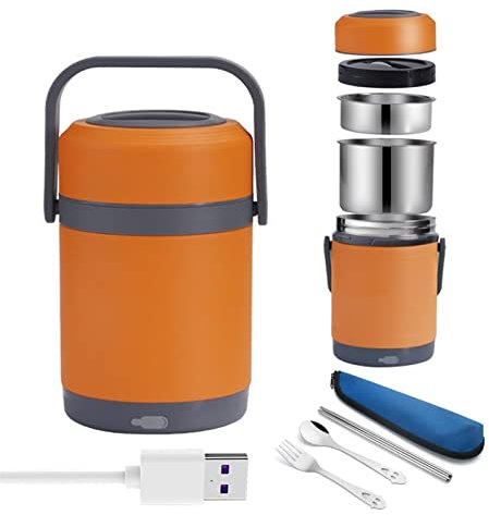 MACIMO USB Electric Lunch Box Stainless Steel Large Food Warmer Container Heater Portable Car School Picnic Heating Meal (Color : 2L - Yellow)