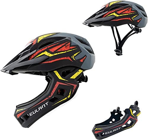 Kinder Fahrradhelm Leicht Integralhelm Kinder mit Abnehmbaren Kinnschutz Abnehmbarer Visier Kinder Downhill Helm für Balance Bike Scooter Roller Skates Rot-Gelb/S