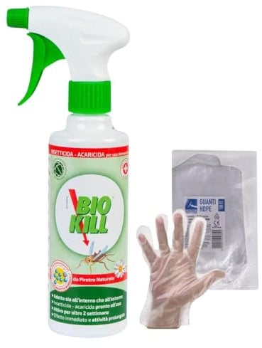 BIO KILL INSETTICIDA-ACARICIDA da Piretro Naturale Microincapsulato No Gas, per Interni ed Esterni, Inodore e Non Macchia, Resiste a Umidità e Raggi Solari, 375ml + OMAGGIO 100pz Guanti HDPE Monouso