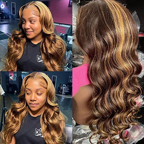 Highlight 13x4 Lace Frontal Wig Human Hair Transparent Lace 24 Zoll (60CM) | Body Wave Colored Ombre P4/27 Human Hair Glueless Wigs for Black Women 200% Density Pre Plucked With Baby Hair
