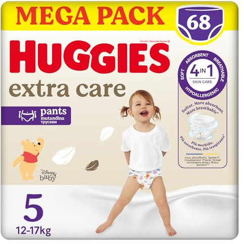 Huggies Extra Care - Braga ultra absorbente, talla 5 (12-17 kg), paquete de 68 pañales
