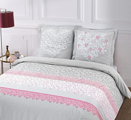 Vision - Parure Housse de Couette Happy Love - Housse de Couette 200x200cm avec 2 taies Assorties 65x65cm - 100% Coton