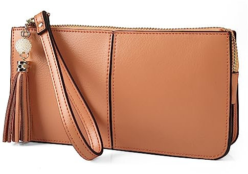 Handgelenktasche, echtes Leder, Handgelenktaschen für Damen, mit Handgelenkschlaufe, Reißverschluss und abnehmbarer Quaste für Damen, passend für Phone 8 Plus, Karotte Orange