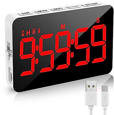 XREXS Minuteur de Cuisine LED Rechargeable, Chronomètre et Compte à Rebours Digital, Luminosité et Volume Réglables, Aimanté pour Cuisine/Réunion/Classe (Câble de Charge Inclus)