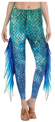 TiaoBug Damen Meerjungfrau Leggings Glänzend Hose Pants mit Tüll Schlaghose Fischschuppen Druck Faschingskostüm Karneval Verkleidung