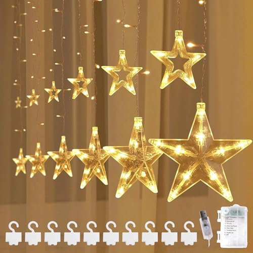 DAZZTIME LED Sterne Weihnachtsbeleuchtung,Lichtervorhang erweiterbar,Weihnachtsdeko Fenster mit Fernbedienung und Haken,8 Modi,für Weihnachten,Hochzeit,Schlafzimmer Deko