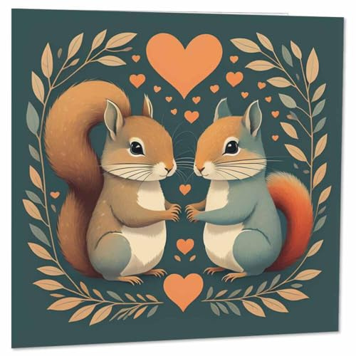 Glückwunschkarte zum Hochzeitstag, Motiv: Eichhörnchen, für Sie und Ihn, romantische Liebe, 145 x 145 mm