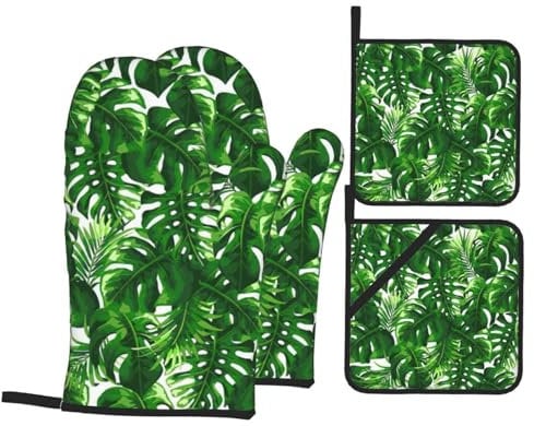 Monstera Deliciosa Banana Palm Außergewöhnliches Küchen-Backset, vielseitig, hitzebeständige Matte und Handschuhe, Kombi-Set