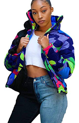 Winter Damen Jacke Unisex Langarm Glossy Camouflage Brot Daunenjacke Reißverschlusstaschen Mantel Echt Lammfell Mantel Damen (Green, XL)