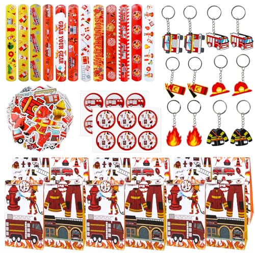 86 pcs Feuerwehrmann Party Mitgebsel, Feuerwehr Spielzeug, Schnapparmband Schlüsselanhänger Papiertüten Aufkleber, Feuerwehrmann Sam Geburtstag Deko, Mitgebsel Kindergeburtstag für Jungen