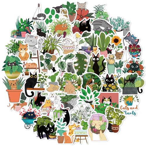 Amaxiu 50PCS Cats and Plants Stickers, Vinyl Waterproof Cute Decals Kawaii Stickers DIY Decorative Stickers for Water Bottle Laptop Phone Luggage Skateboard