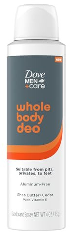 Dove Men+Care Whole Body Deo Aluminum-Free Deodorant Spray Shea Butter + Cedar Suitable from Pits, Privates, to Feet with Vitamin E 4 oz