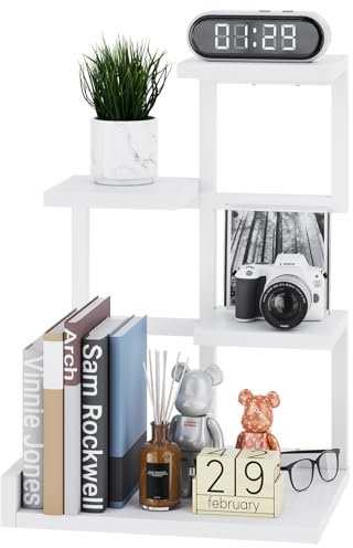 YMYNY Desktop Shelf Organizer, 4 Tier Storage Display Rack, Desk Shelf Organizer Small Bookshelf with Metal Frame for Office, Books, Plants, 31 x 24 x 44.5cm, White HSR007W