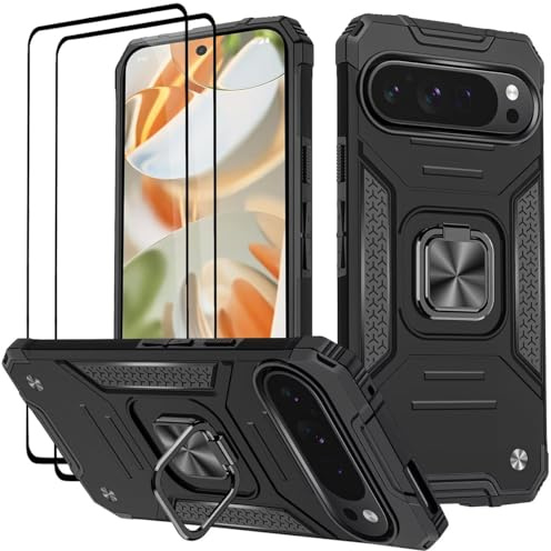 KANSi Cover per Google Pixel 9 / Pixel 9 Pro, Vetro Temperato [2 Pack] Custodie Silicone TPU 360° Rotante Anello Magnetica Anello Ring Supporto Bumper - Nero