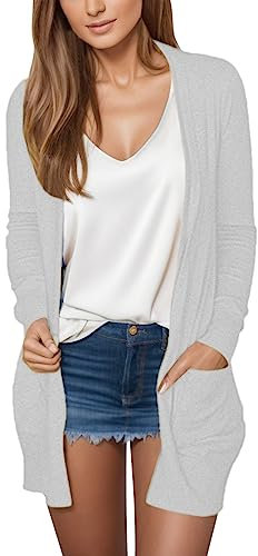 Strickjacken für Damen Sommer Leichte Strickjacke Lang mit Taschen Sommerjacke Damen Elegant Lang Strick-Cardigan Langarm Strickjacke Einfarbig Schmale Passform Cardigan Große Größen Strickjacke