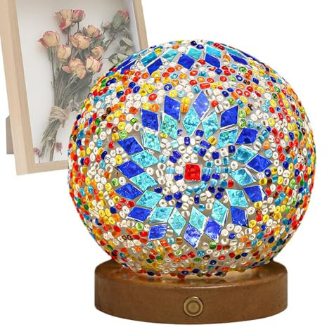 Luz nocturna LED, Luz nocturna de vidrio de color,Lámpara de escritorio LED de vidrio colorido retro - Luz nocturna de mesita de noche con lámpara redonda barroca de estilo bohemio, luz de ambiente