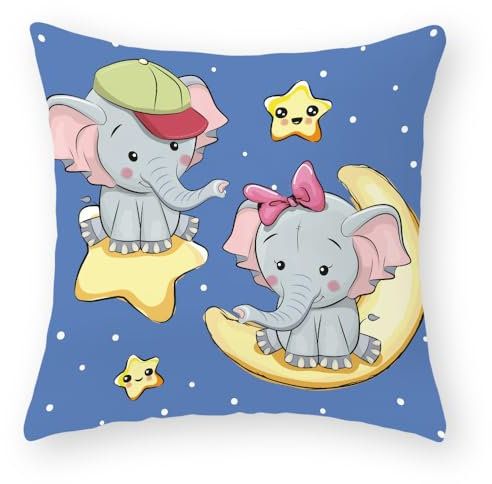 Kissenbezug 45x45 Blauer Stern Elefant Kissenbezüge Leinen Deko Kissen für Sofa Schlafzimmer Gartenbett Outdoor Kissen Waschbar Kissenhüllen Atmungsaktiv Kissenbezug
