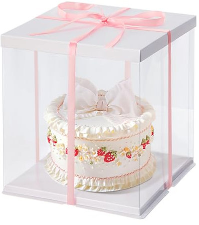 Warmiehomy Transparente Tortenschachtel Weiß, 34 * 34 * 37cm Kuchenbehälter mit Deckel, Kuchentransportbox Tortentransportbox mit Sockel Band für Geburtstage, Hochzeiten, Parteien (12 Zoll)