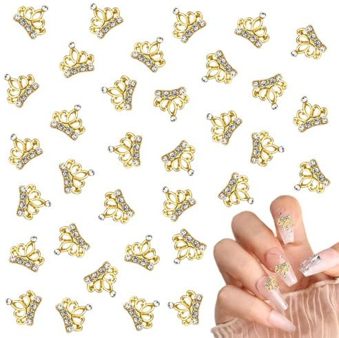 Crown Nail Charms,30PCS Rhinestone Crown Nail Art Charms,Gold Nail Rhinestones and Gems Alloy Nail Decorations for Women Girls Salon Home DIY Nail Design Nail Art Supplies (Gold)