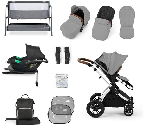 Ickle Bubba Stomp Luxe i-Size Cirrus Travel & Home 14-Piece Bundle with ISOFIX Base & Bubba&Me Bedside Crib – All-Terrain Pushchair with Accessories, Birth to 4 Years* (Silver/Pearl Grey/Tan)